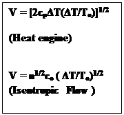 Text Box: V = [2cpΔT(ΔT/To)]1/2

(Heat engine)        
           

V = n1/2co ( ΔT/To)1/2
(Isentropic  Flow )      
